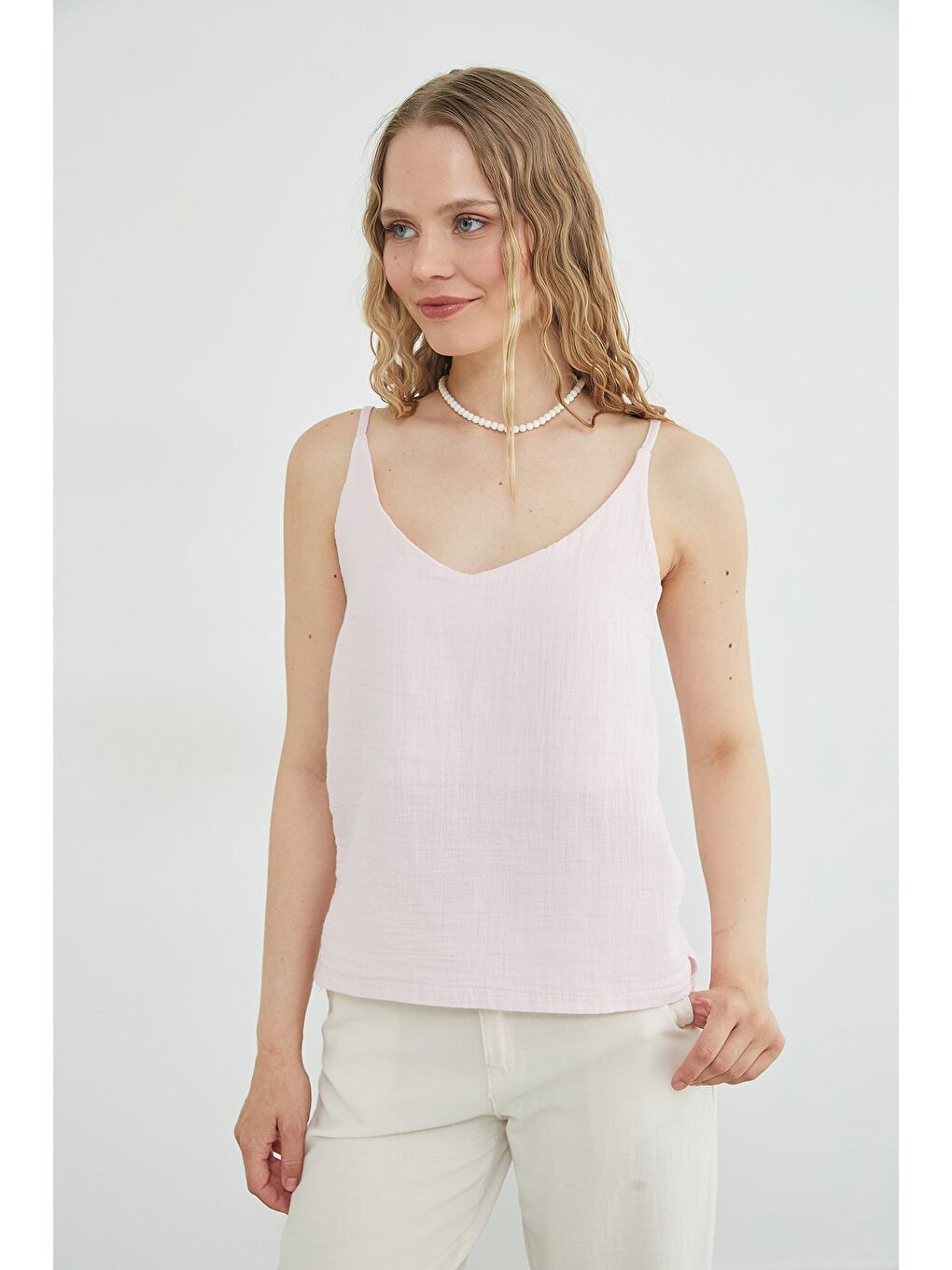 Pembe Basic İp Askılı Müslin Kumaş Salaş Bluz-1