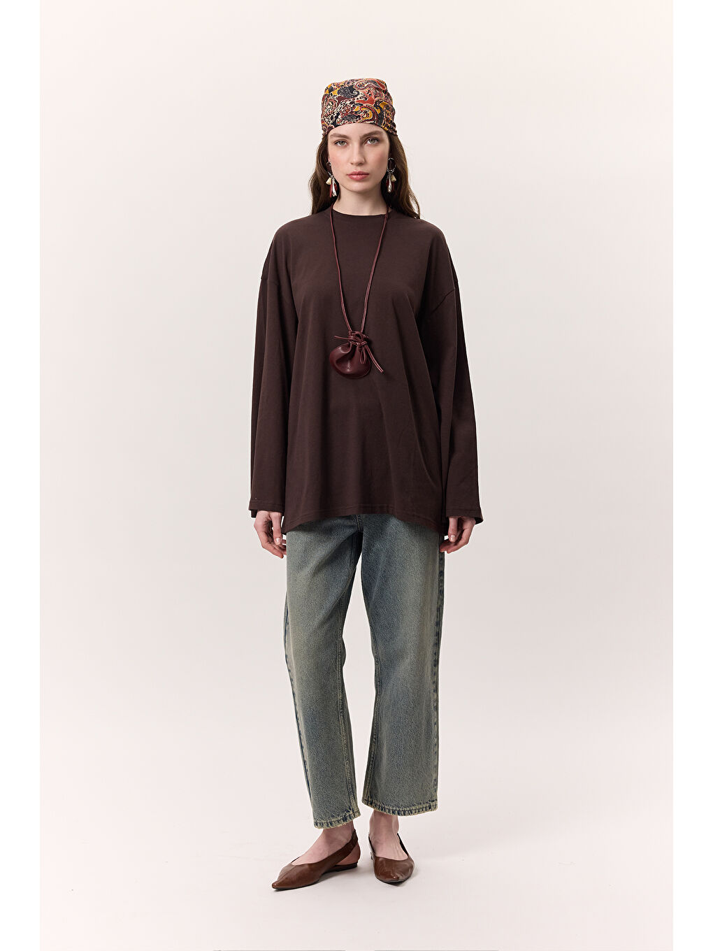 Kahverengi Geniş Kol Oversıze Tshırt Acı Kahve-1