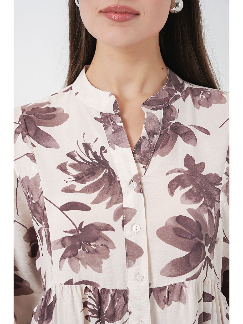 Kadın Lilyum Kumaş Uzun Tesettür Elbise 2593 - Kahverengi-5