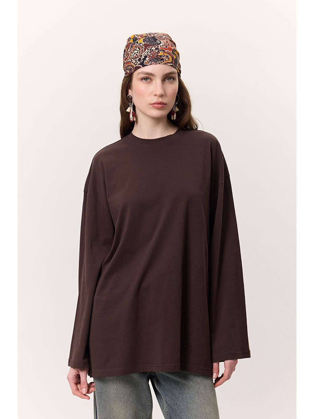 Kahverengi Geniş Kol Oversıze Tshırt Acı Kahve-2