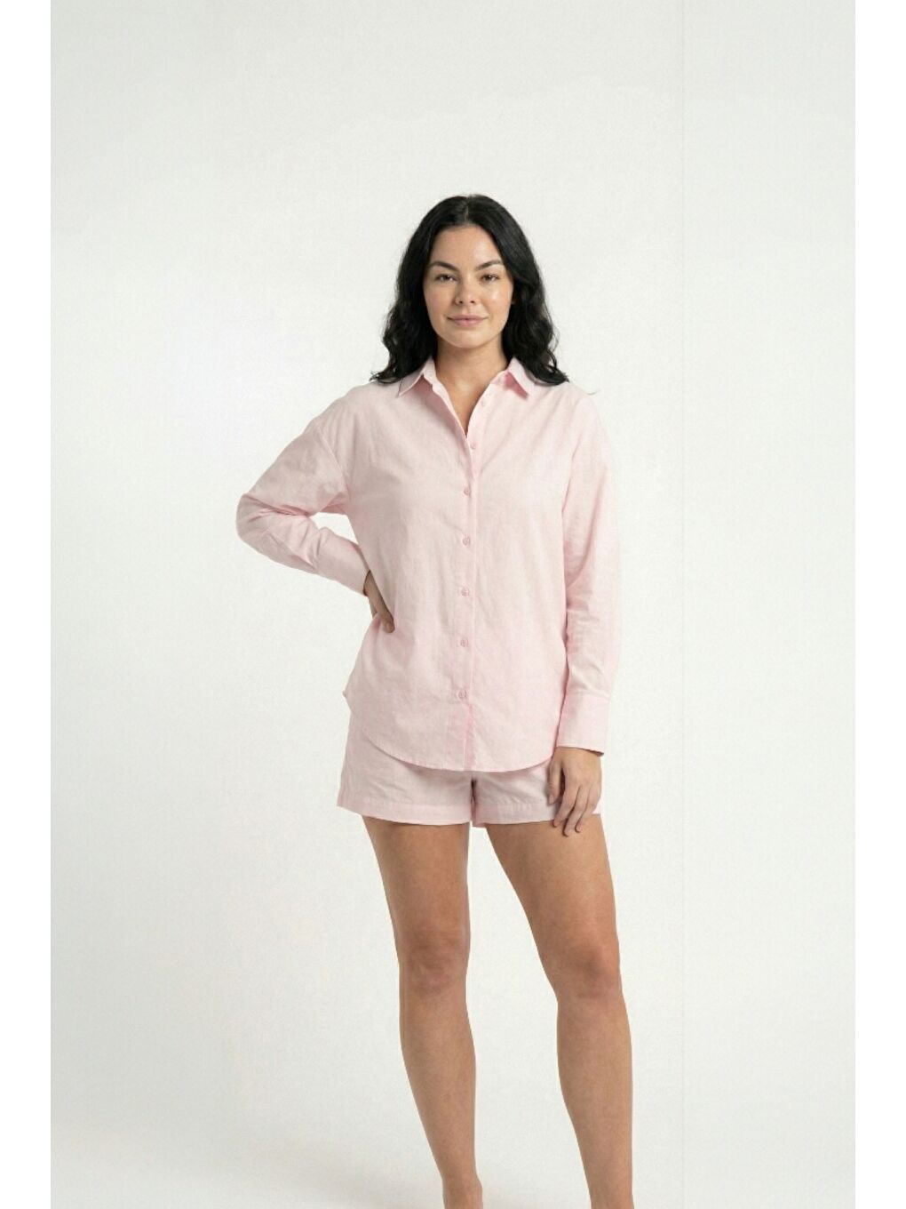 Pembe %100 Doğal Pamuk Oversize Tek Beden Poplin Gömlek-2