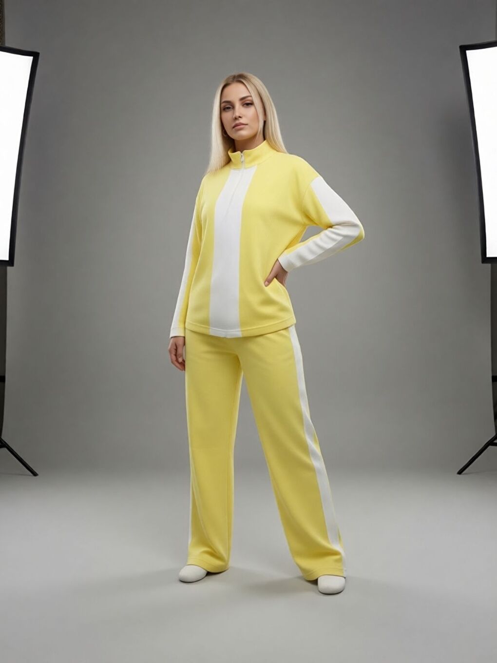 Kadın Sarı Yarım Fermuarlı Premium Kumaş Eşofman Takımı-1