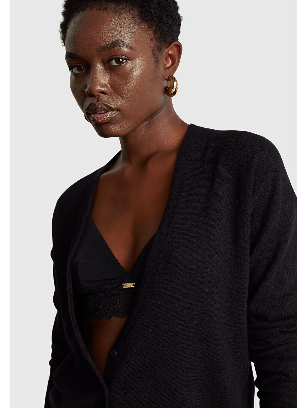 Siyah Kadın Sİyah Yün ve Kaşmir Karışımlı Ribana Detaylı Düğmeli Hırka-5