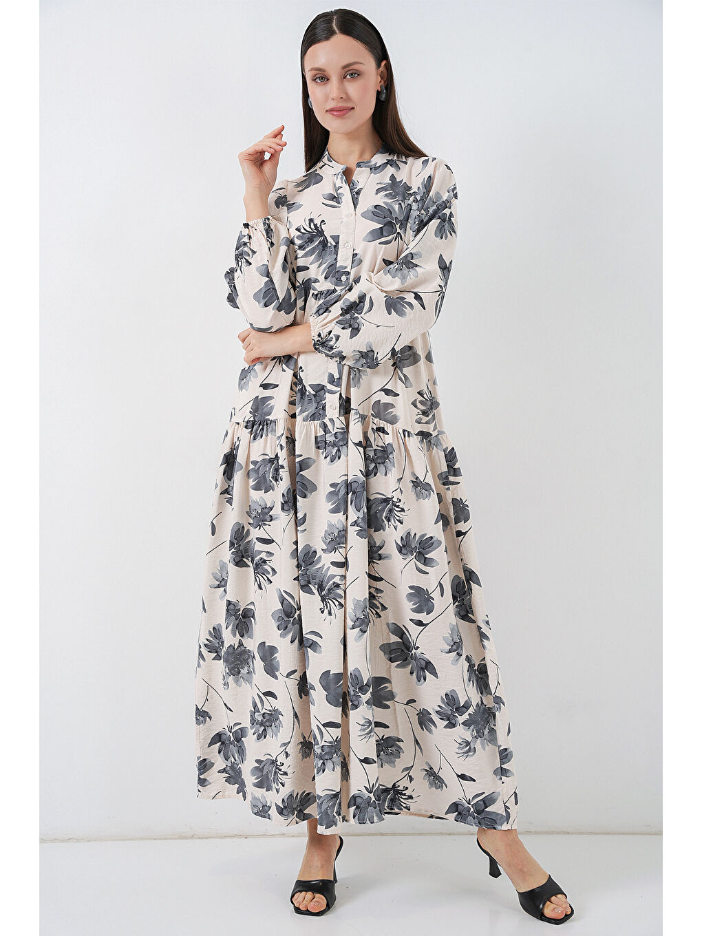 Kadın Lilyum Kumaş Uzun Tesettür Elbise 2593 - Gri-2