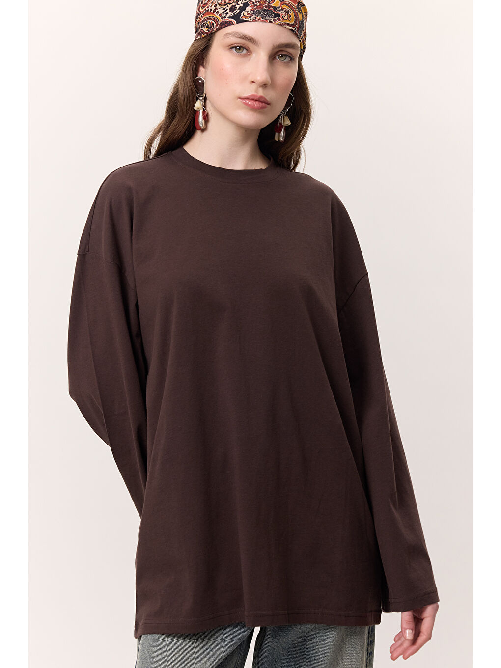 Kahverengi Geniş Kol Oversıze Tshırt Acı Kahve-3