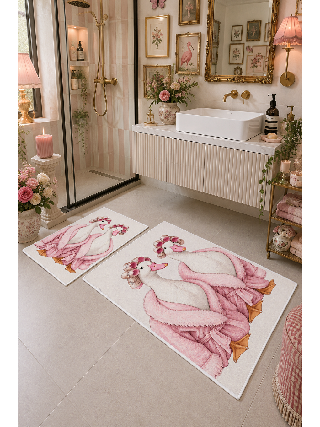 Beyaz Pembe Bornozlu Tavşan Desenli Banyo Paspası 2’li Set