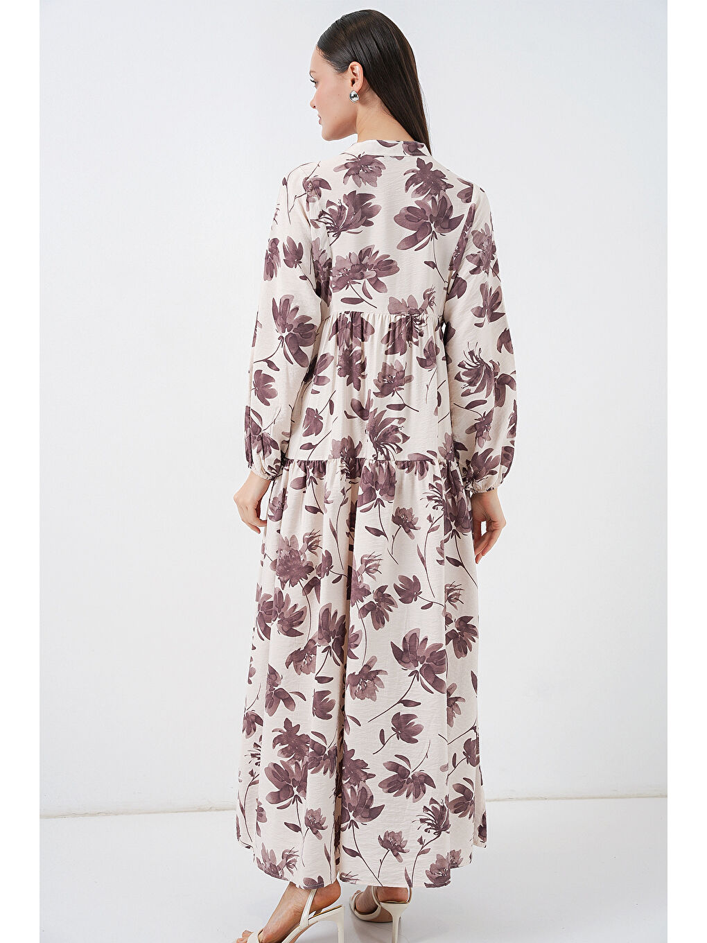 Kadın Lilyum Kumaş Uzun Tesettür Elbise 2593 - Kahverengi-6