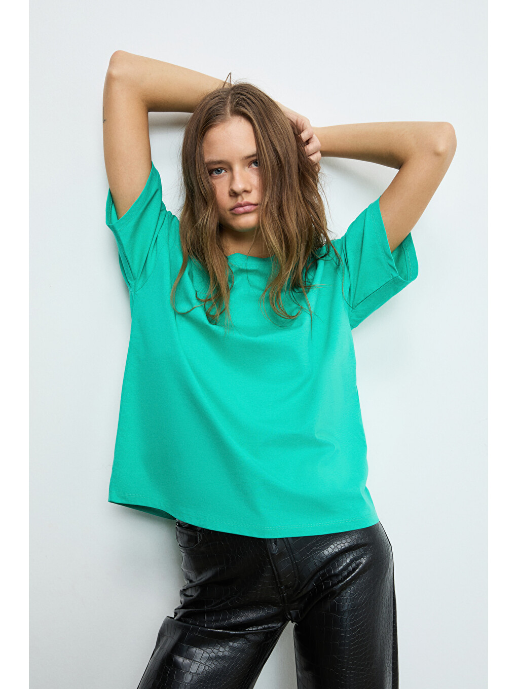 Yeşil LAGERTHA Kadın %100 organik Pamuklu Kalın Dokulu Oversize Fit Yuvarlak Yakalı YEŞİL T-Shirt-2
