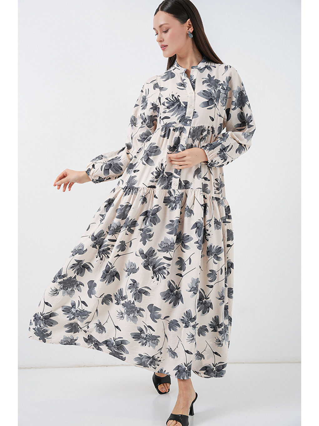 Kadın Lilyum Kumaş Uzun Tesettür Elbise 2593 - Gri-3