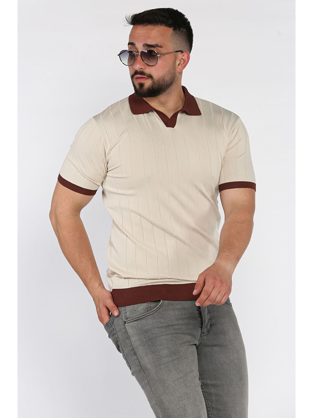 Sarı Erkek Polo Yaka Kendinden Çizgi Desenli Renk Garnili Triko Tişört-1