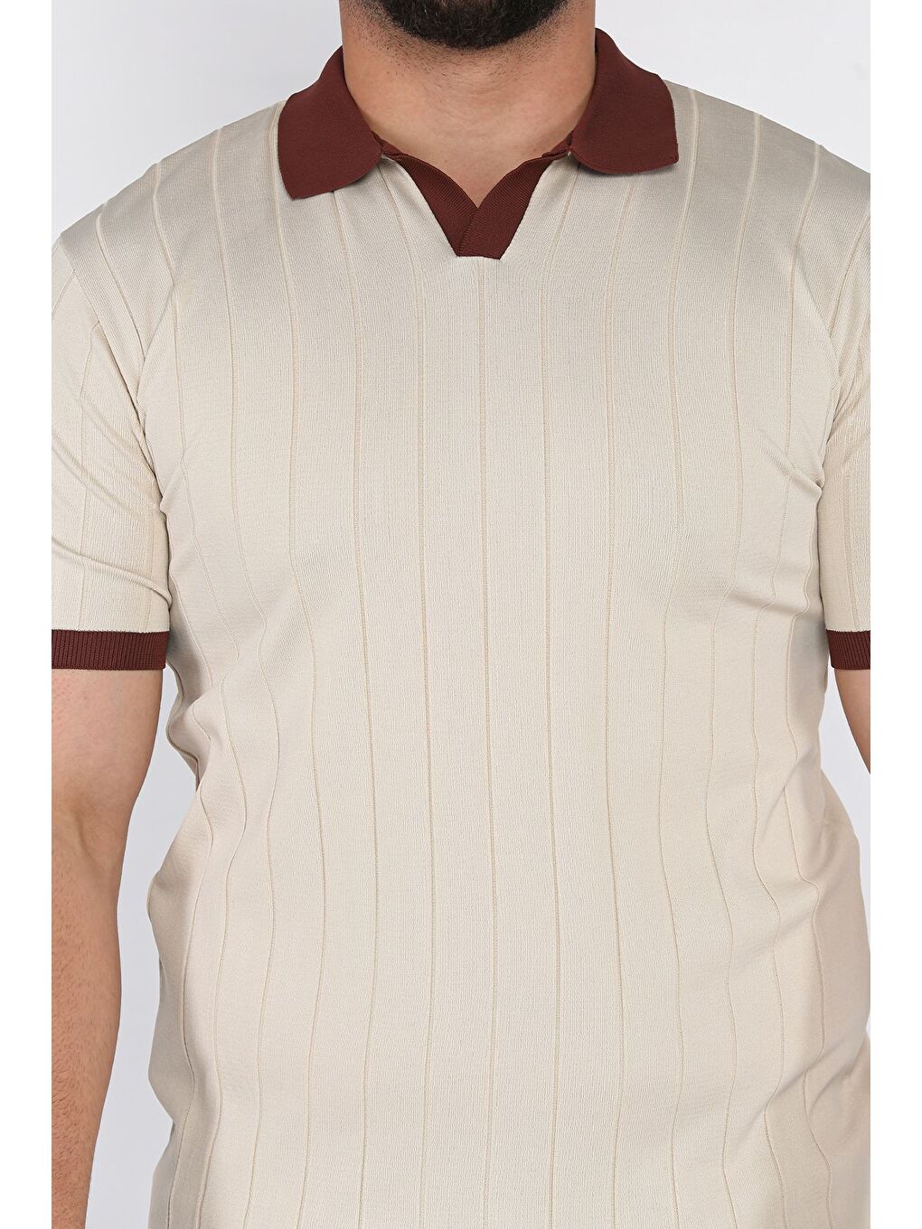 Sarı Erkek Polo Yaka Kendinden Çizgi Desenli Renk Garnili Triko Tişört-3