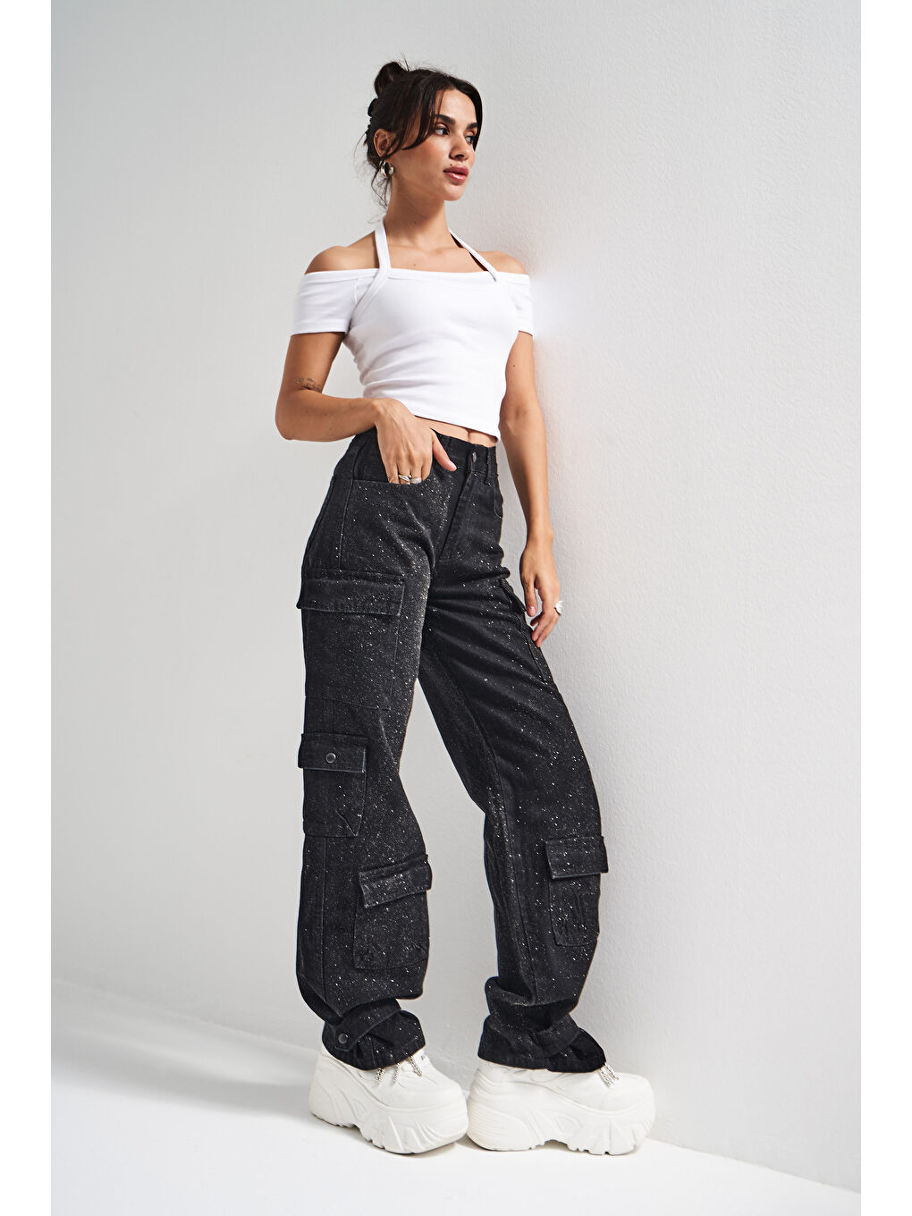 Kadın Siyah Renk 1w5-1 Straight Kargo Fit Parlak Pul Detaylı Özel Tasarım Denim Jean-2