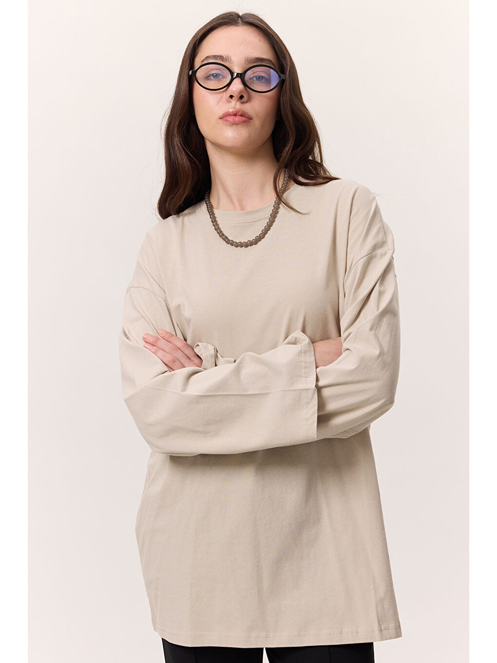 Bej Geniş Kol Oversıze Tshırt Taş-2