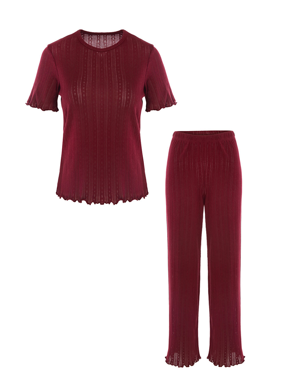 Bordo Kadın Pamuklu Kısa Kollu Baby Overloklu Pijama Takımı