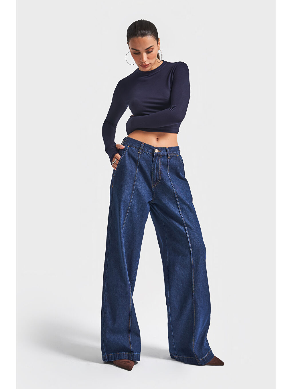 Kadın İndigo Renk 2w5-7 Süper Palazzo Fit Dökümlü Kumaş Denim Jean-4