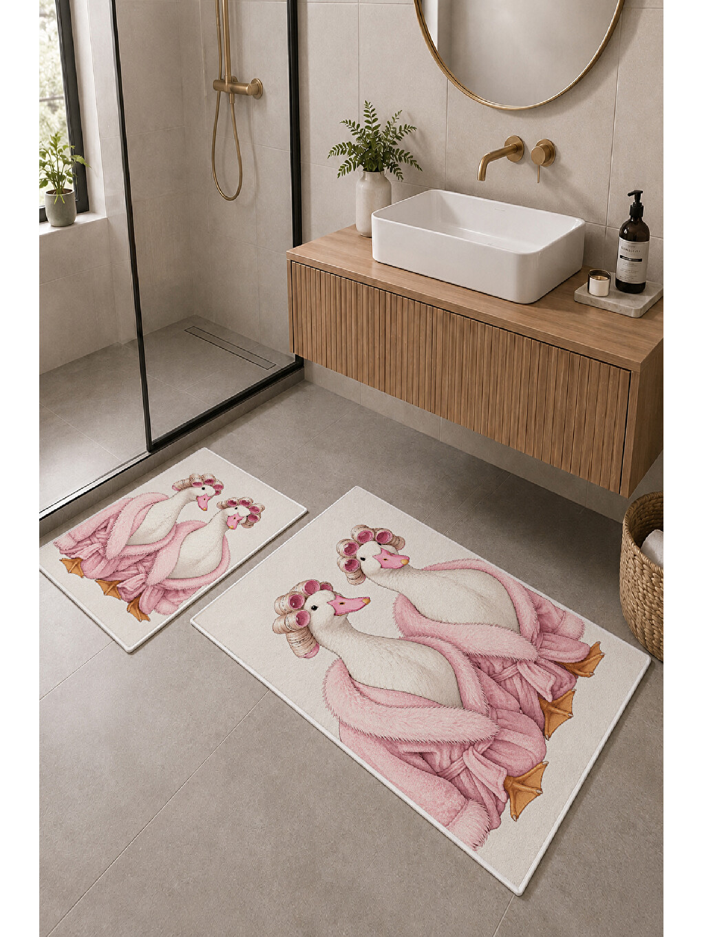 Beyaz Pembe Bornozlu Tavşan Desenli Banyo Paspası 2’li Set-1