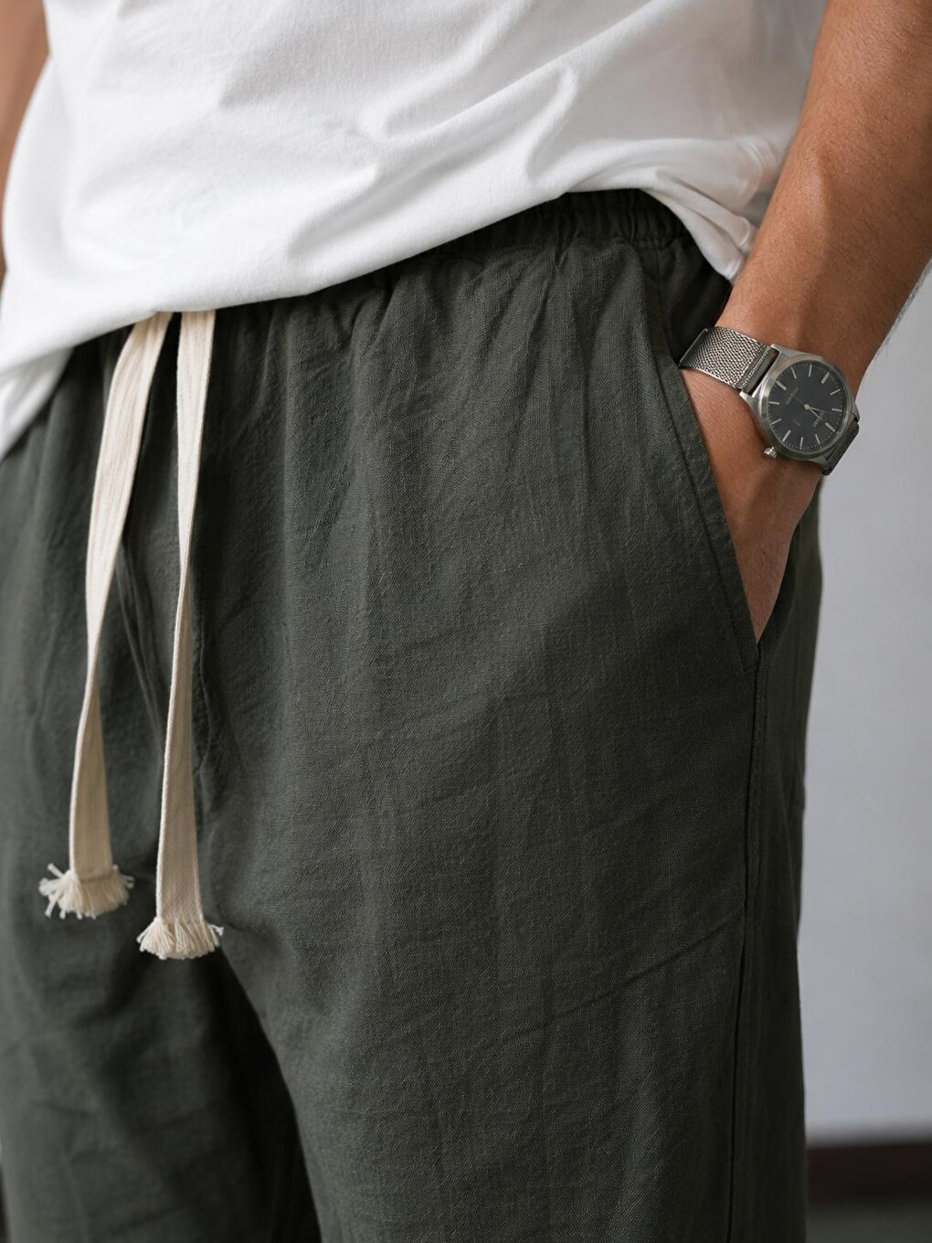 Erkek Baggy Kalıp Beli Lastikli %100 Pamuk Keten Görünümlü Pantolon Haki 1007DNGR-2