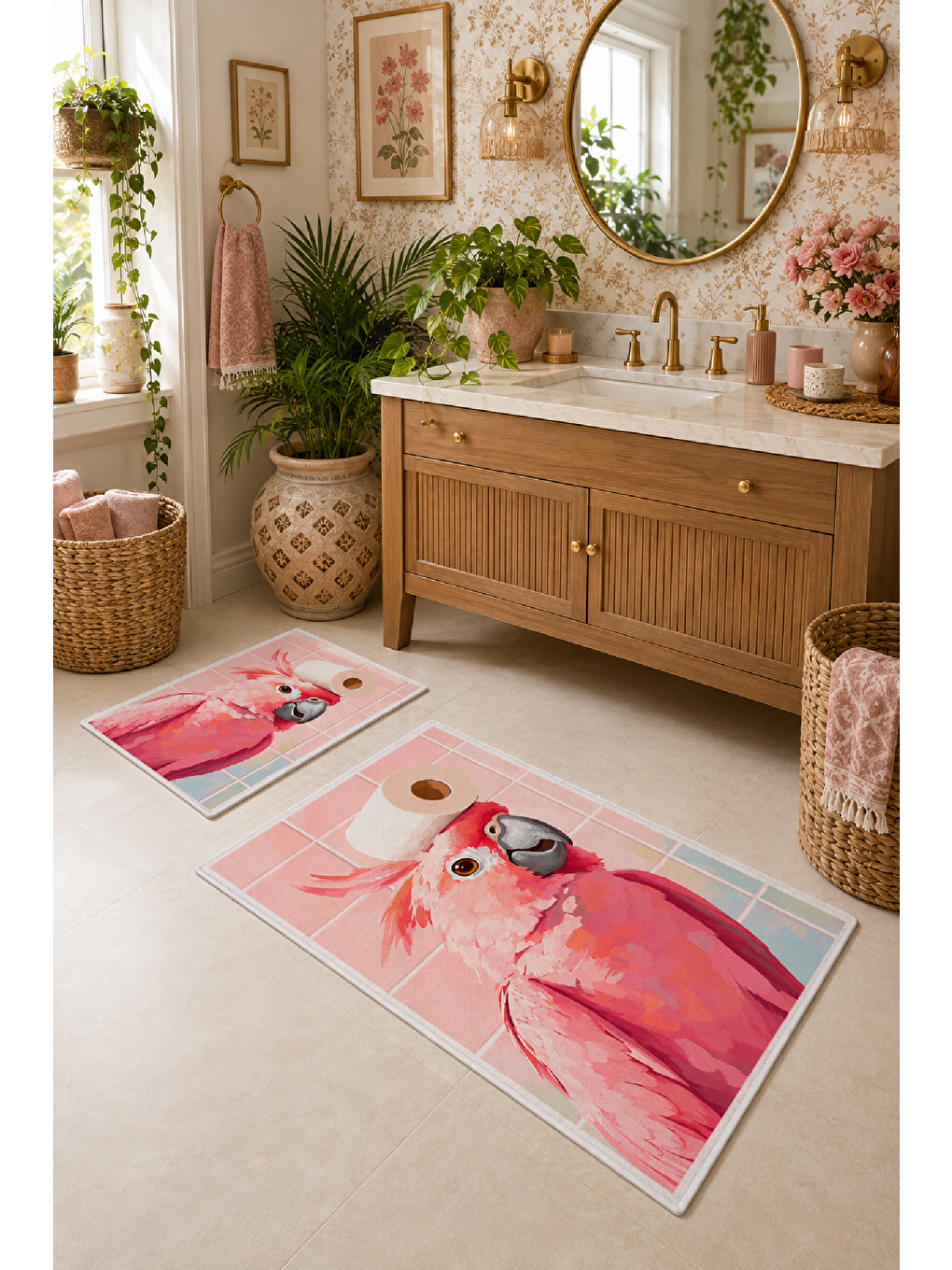 Pudra Pembe Flamingo Desenli Kaymaz Taban Banyo Paspası 2’li Set-3