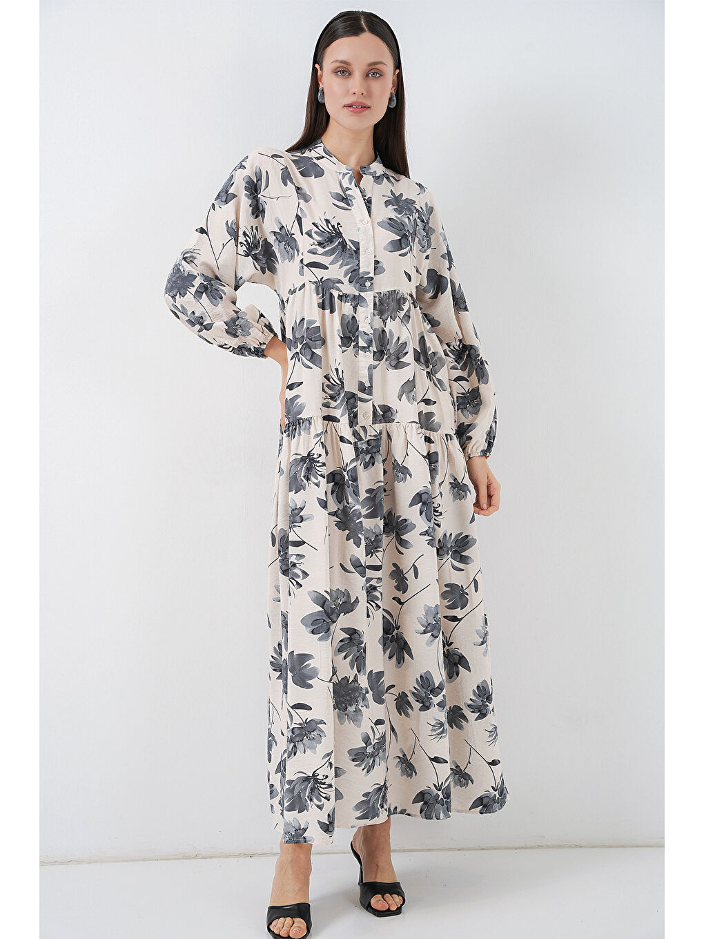 Kadın Lilyum Kumaş Uzun Tesettür Elbise 2593 - Gri-4