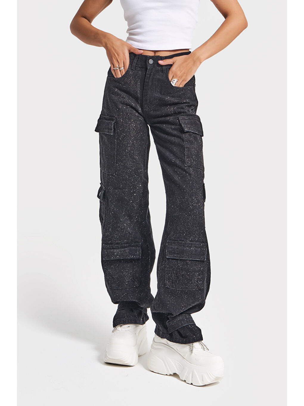 Kadın Siyah Renk 1w5-1 Straight Kargo Fit Parlak Pul Detaylı Özel Tasarım Denim Jean-3