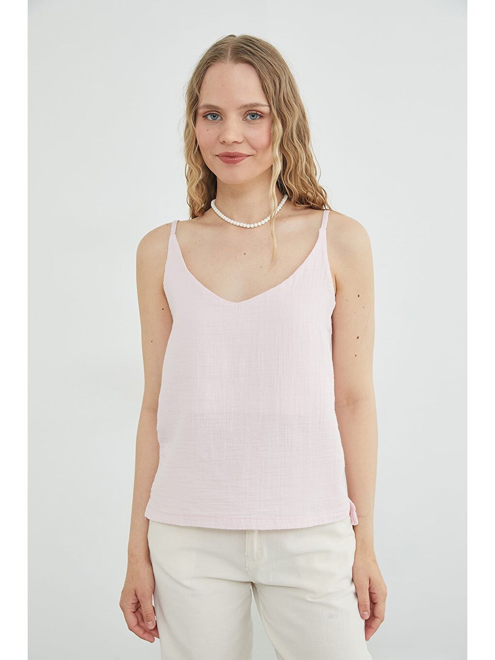 Pembe Basic İp Askılı Müslin Kumaş Salaş Bluz-4