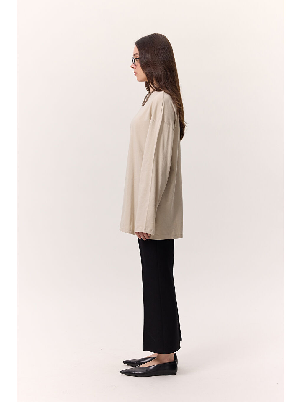 Bej Geniş Kol Oversıze Tshırt Taş-4