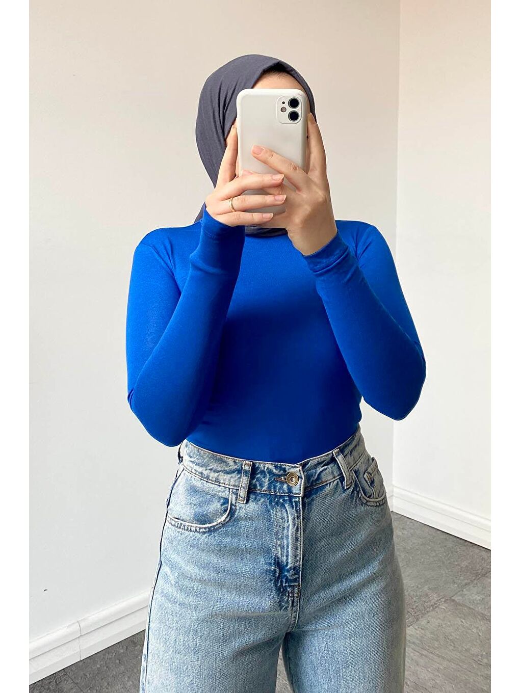 Yarım Balıkçı Yaka Düz Renk Body Saks Mavisi-2