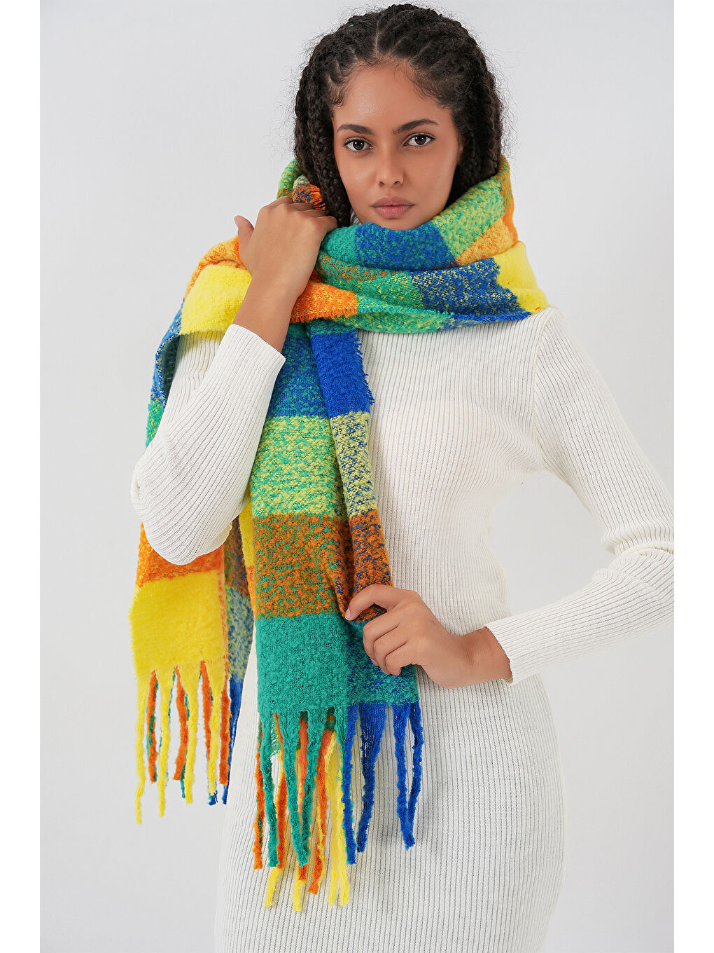 Kadın Yumuşak Dokulu Kalın Şal Atkı 15951 - Sarı-1