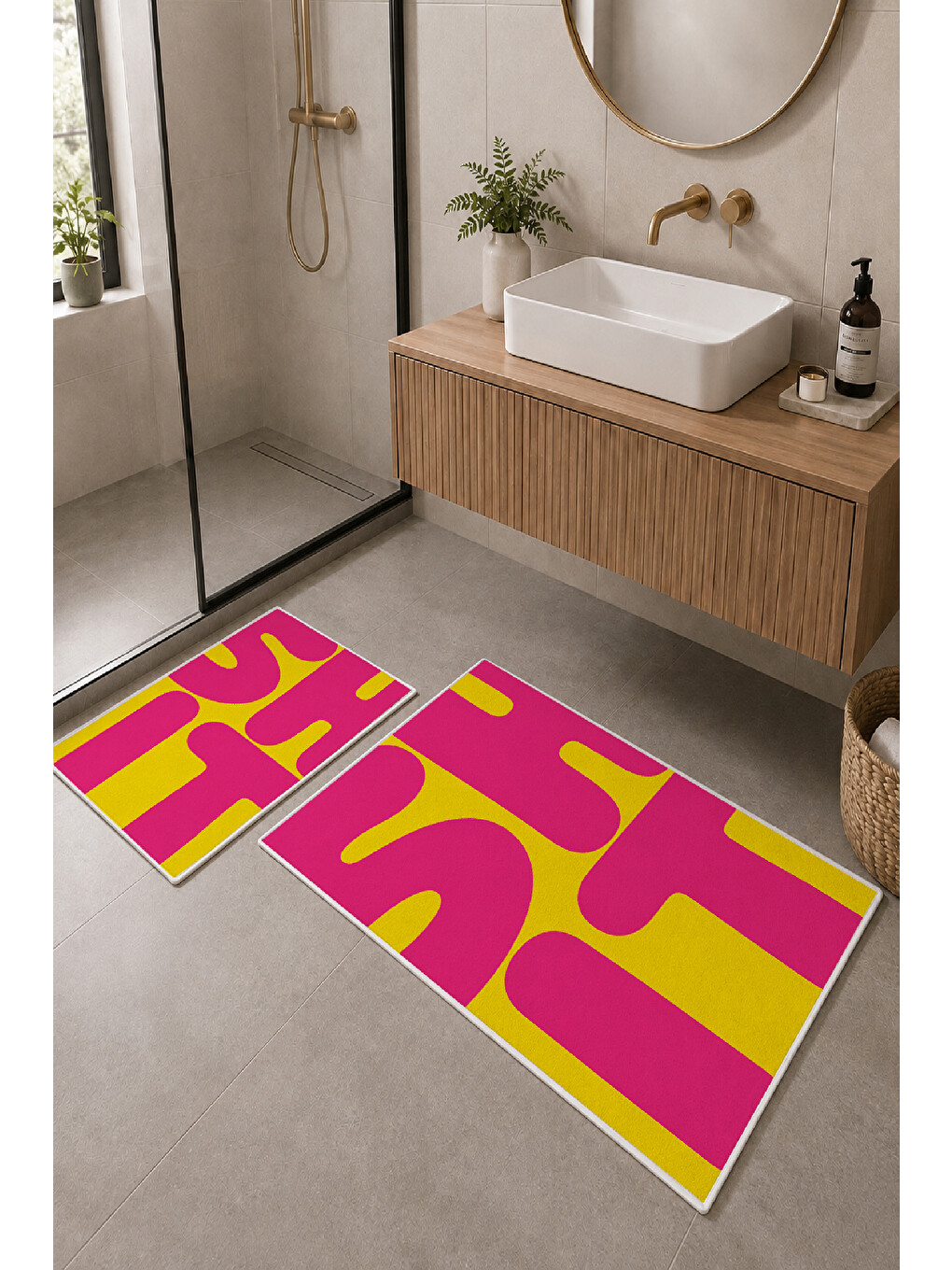 Neon Fuşya Sarı Soyut Tipografik Banyo Paspası 2’li Set-1