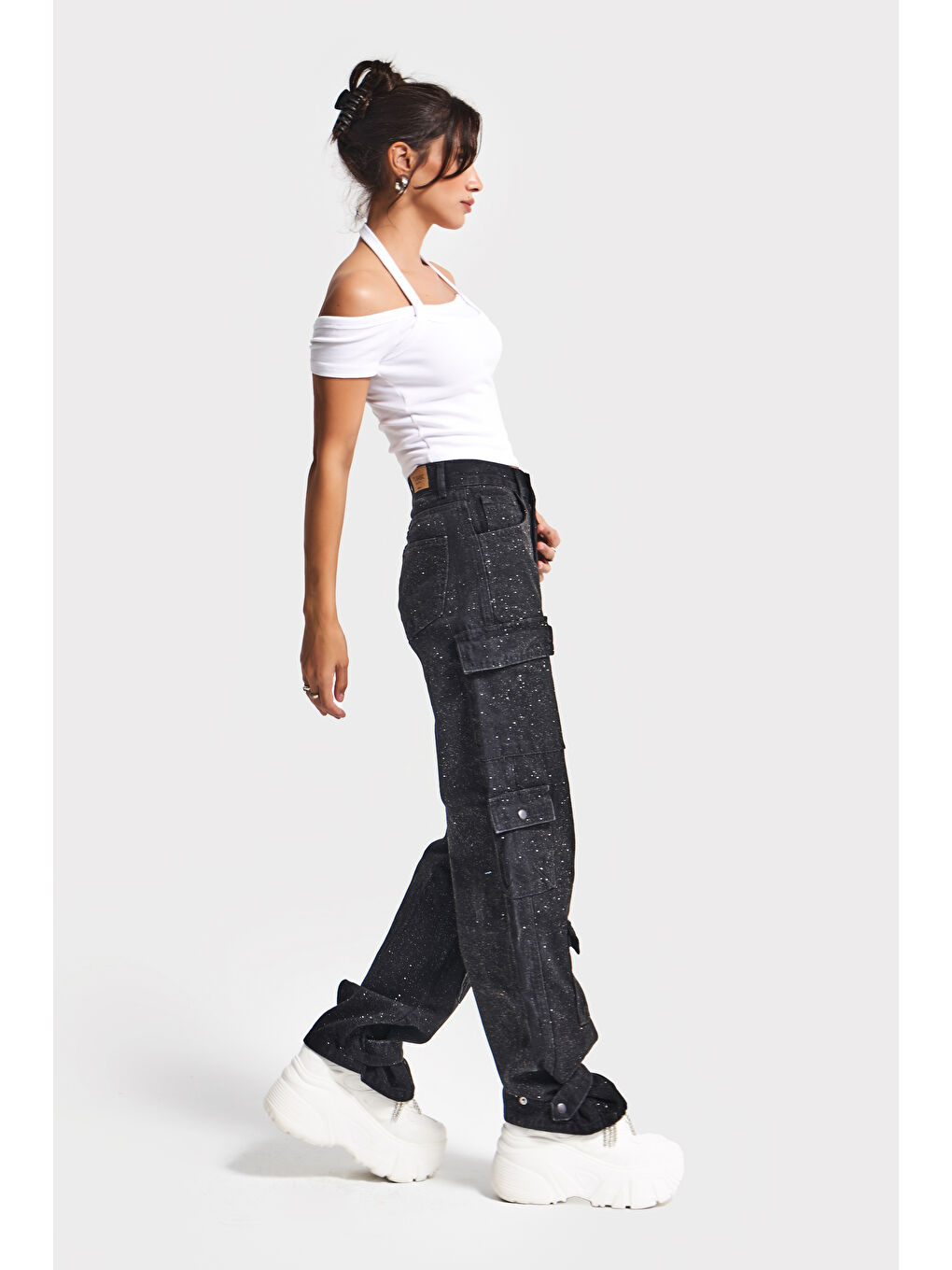 Kadın Siyah Renk 1w5-1 Straight Kargo Fit Parlak Pul Detaylı Özel Tasarım Denim Jean-4