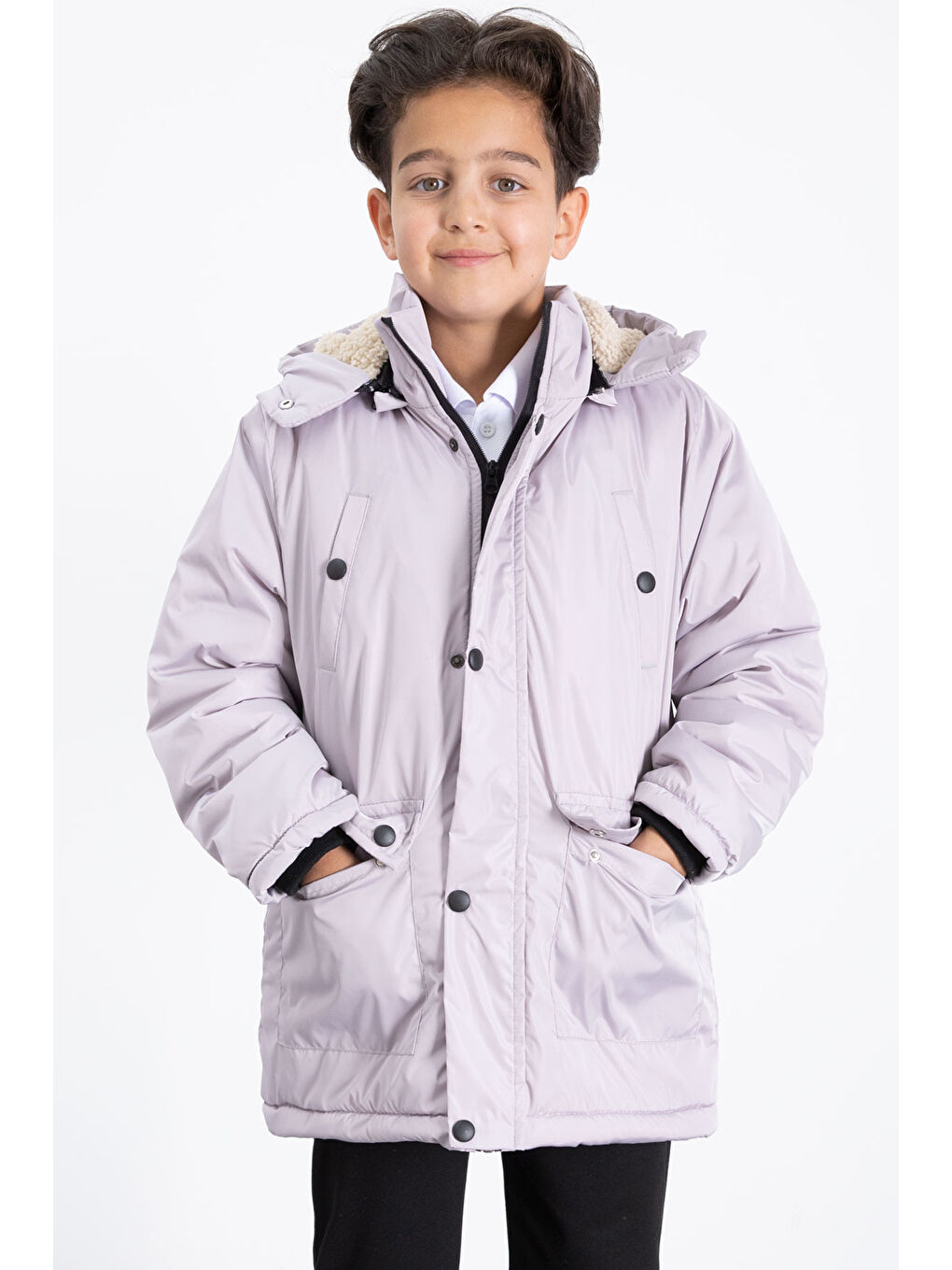 Gri İçi Kürklü Çıkarılabilir Kapüşonlu Basic Erkek Çocuk Şişme Mont 21437-2