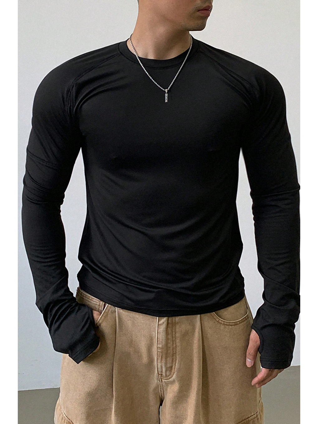 Erkek Siyah Uzun Kollu Basic T-shirt-2