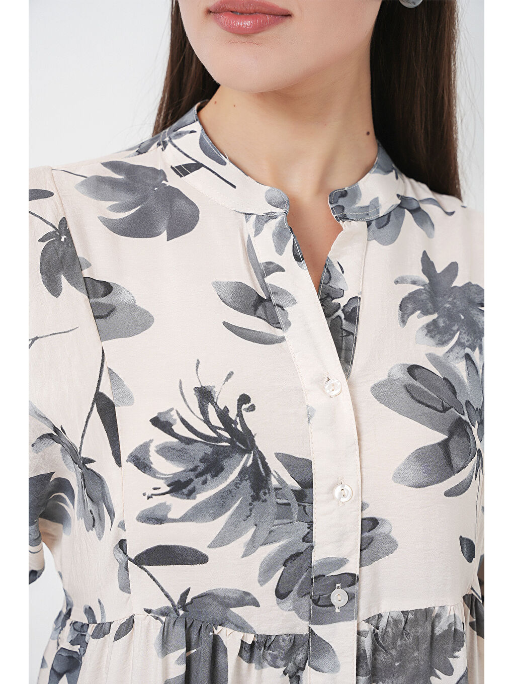 Kadın Lilyum Kumaş Uzun Tesettür Elbise 2593 - Gri-5