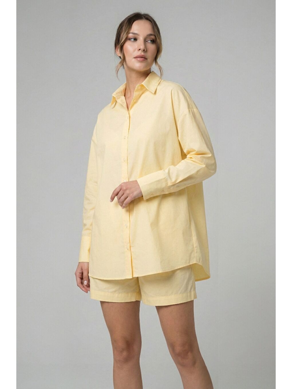 Sarı %100 Doğal Pamuk Oversize Tek Beden Poplin Gömlek
