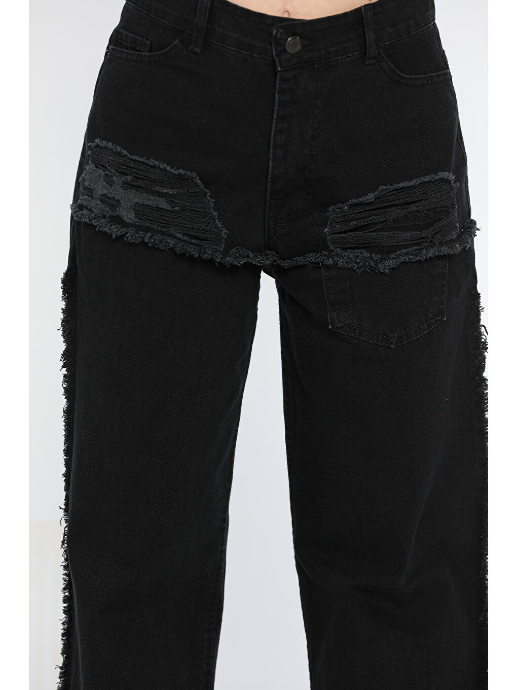 Siyah Püsküllü Tarz Kadın Bol Paça Jean Pantolon-2