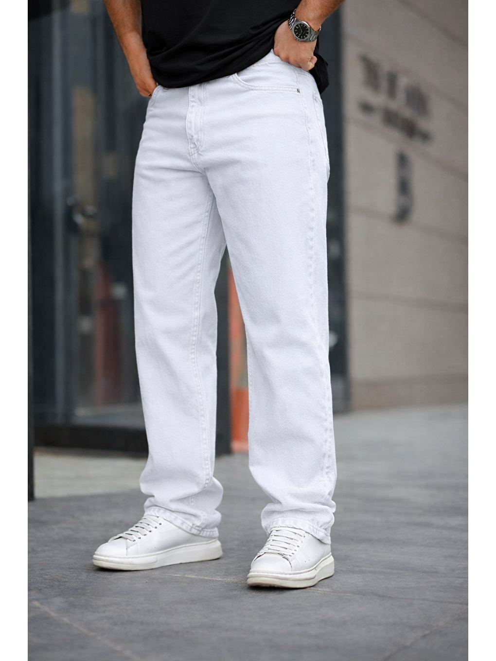 Erkek Bol Paça Basic Yüksek Bel Beyaz Baggy Pantolon