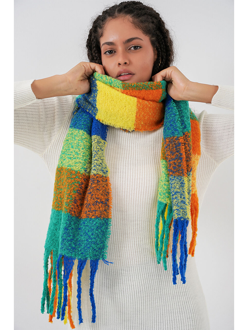 Kadın Yumuşak Dokulu Kalın Şal Atkı 15951 - Sarı-2