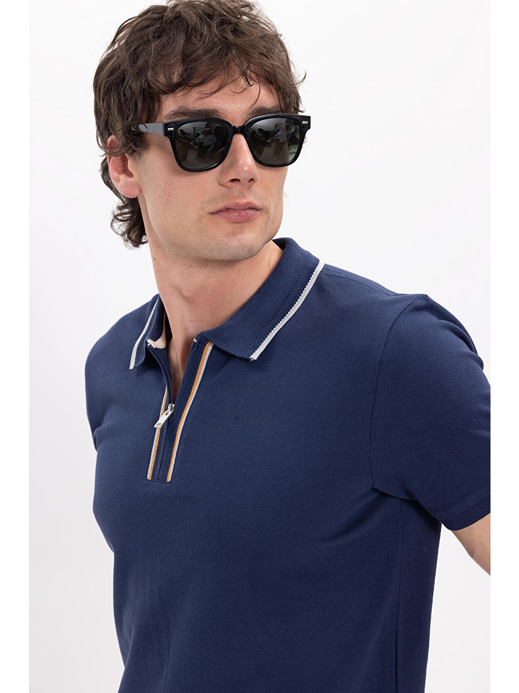 Erkek Slim Fit Dar Kesim %100 Pamuk Kısa Kollu Yarım Fermuarlı Lacivert Polo Yaka Tişört-3