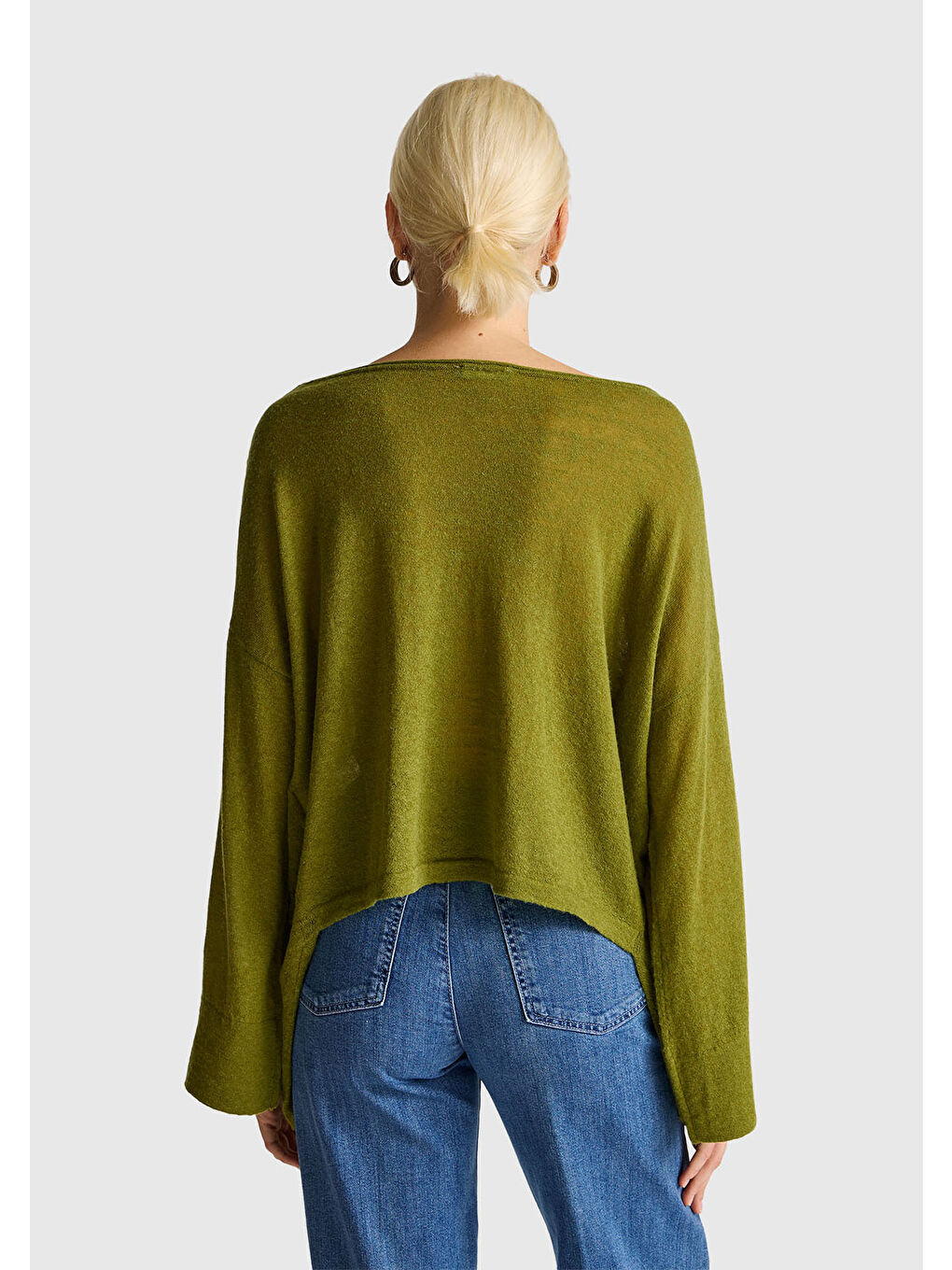 Kadın Haki Yeşili Alpaka ve Yün Karışımlı Düğme Detaylı Beli Bağlamalı Kazak-2