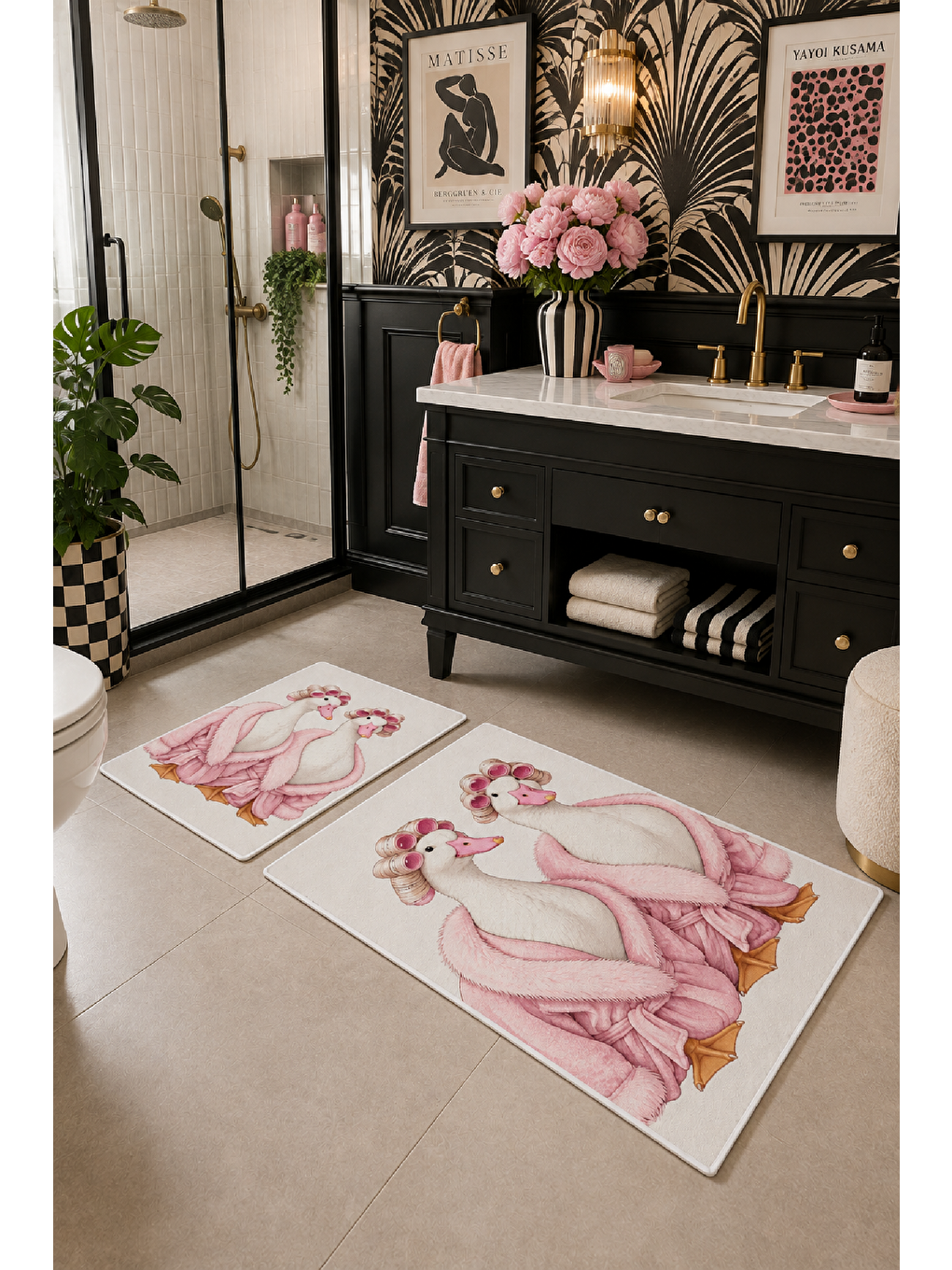 Beyaz Pembe Bornozlu Tavşan Desenli Banyo Paspası 2’li Set-2