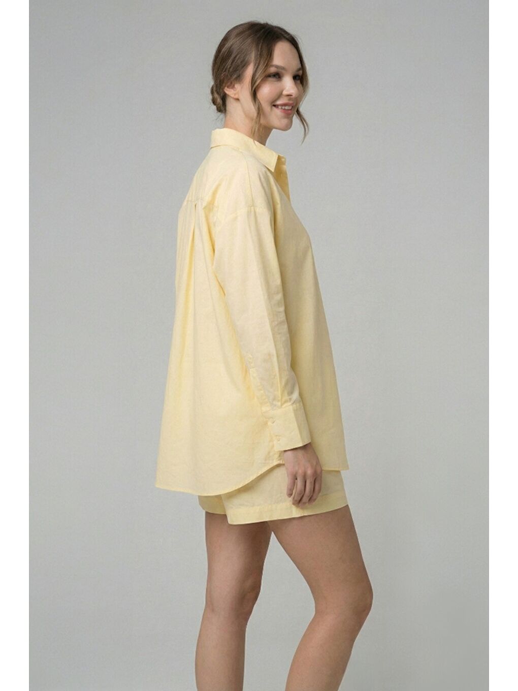 Sarı %100 Doğal Pamuk Oversize Tek Beden Poplin Gömlek-1