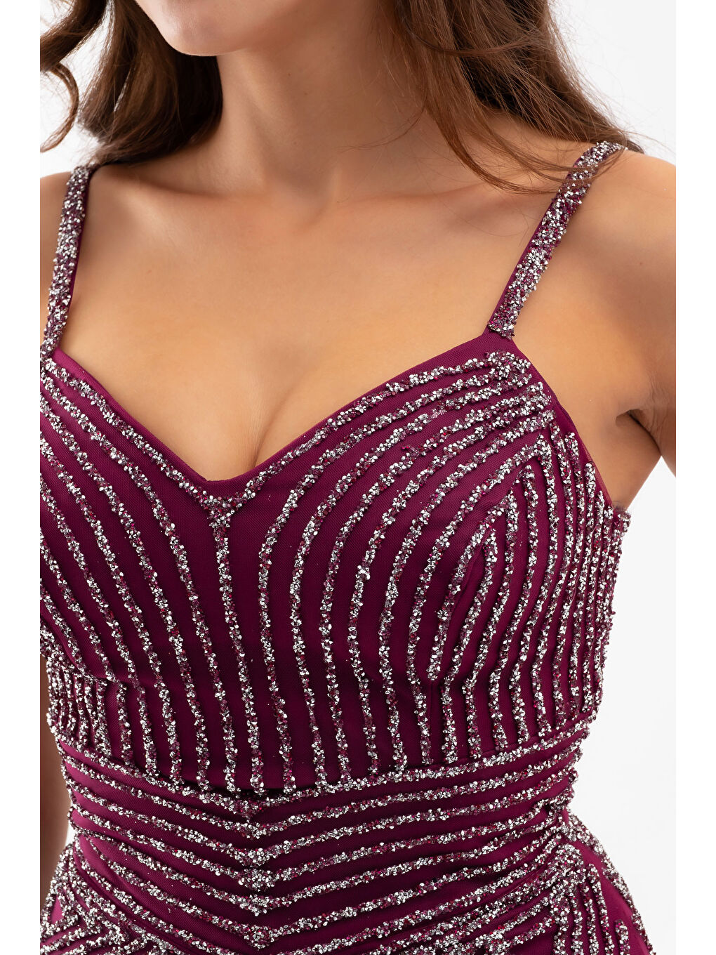 Kadın Mürdüm İnce Askılı Simli Uzun Balık Abiye Elbise-3