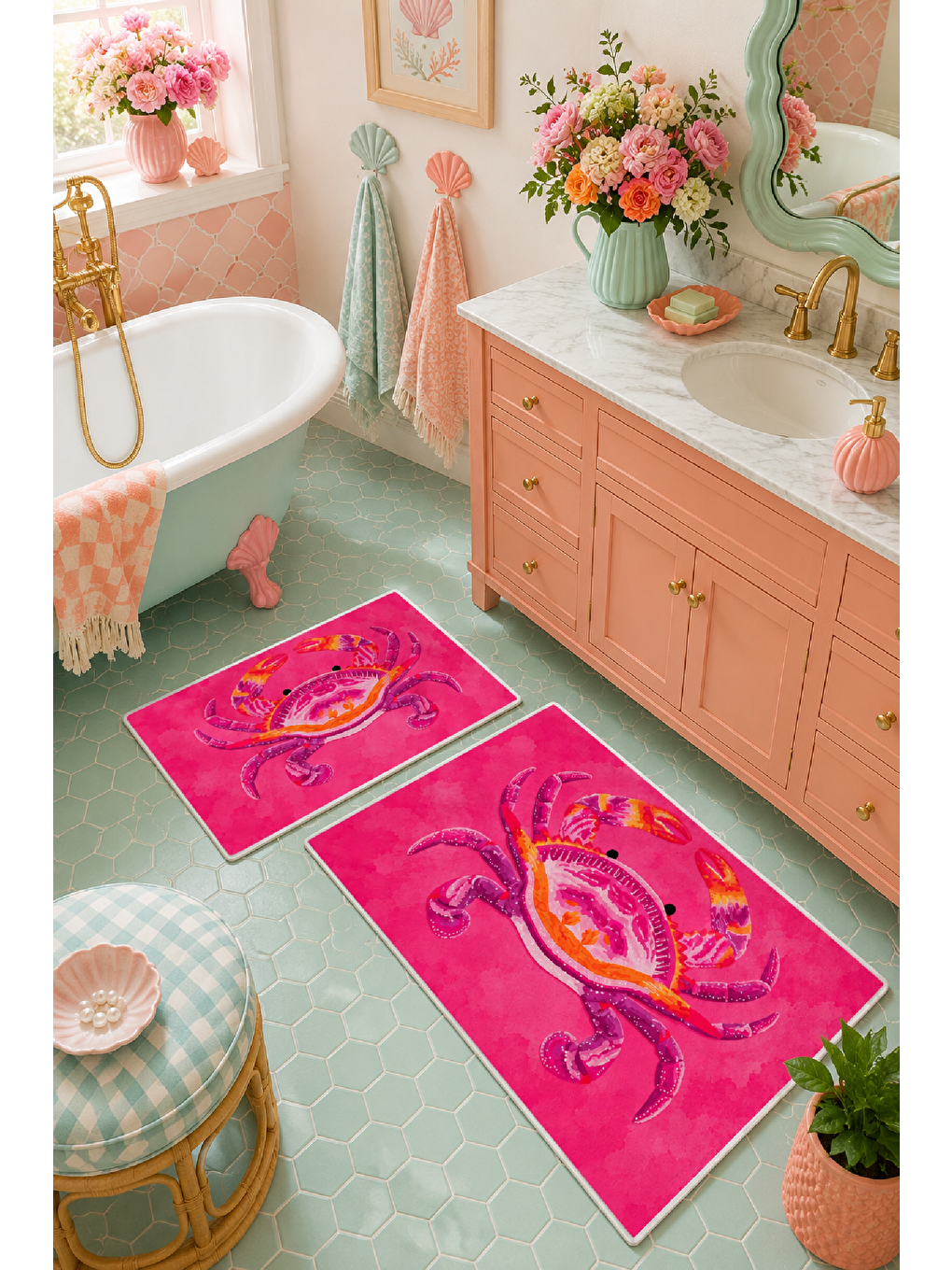 Fuşya Yengeç Desenli Kaymaz Taban Banyo Paspası 2’li Set-1