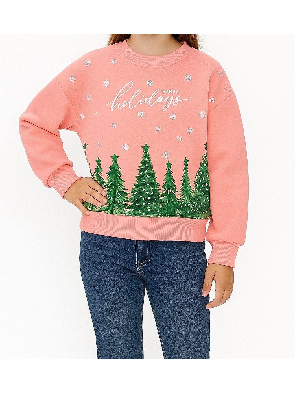 Pembe Kız Çocuk Şardonlu “Happy Holidays” Baskılı Sweatshirt (8-12 Yaş)