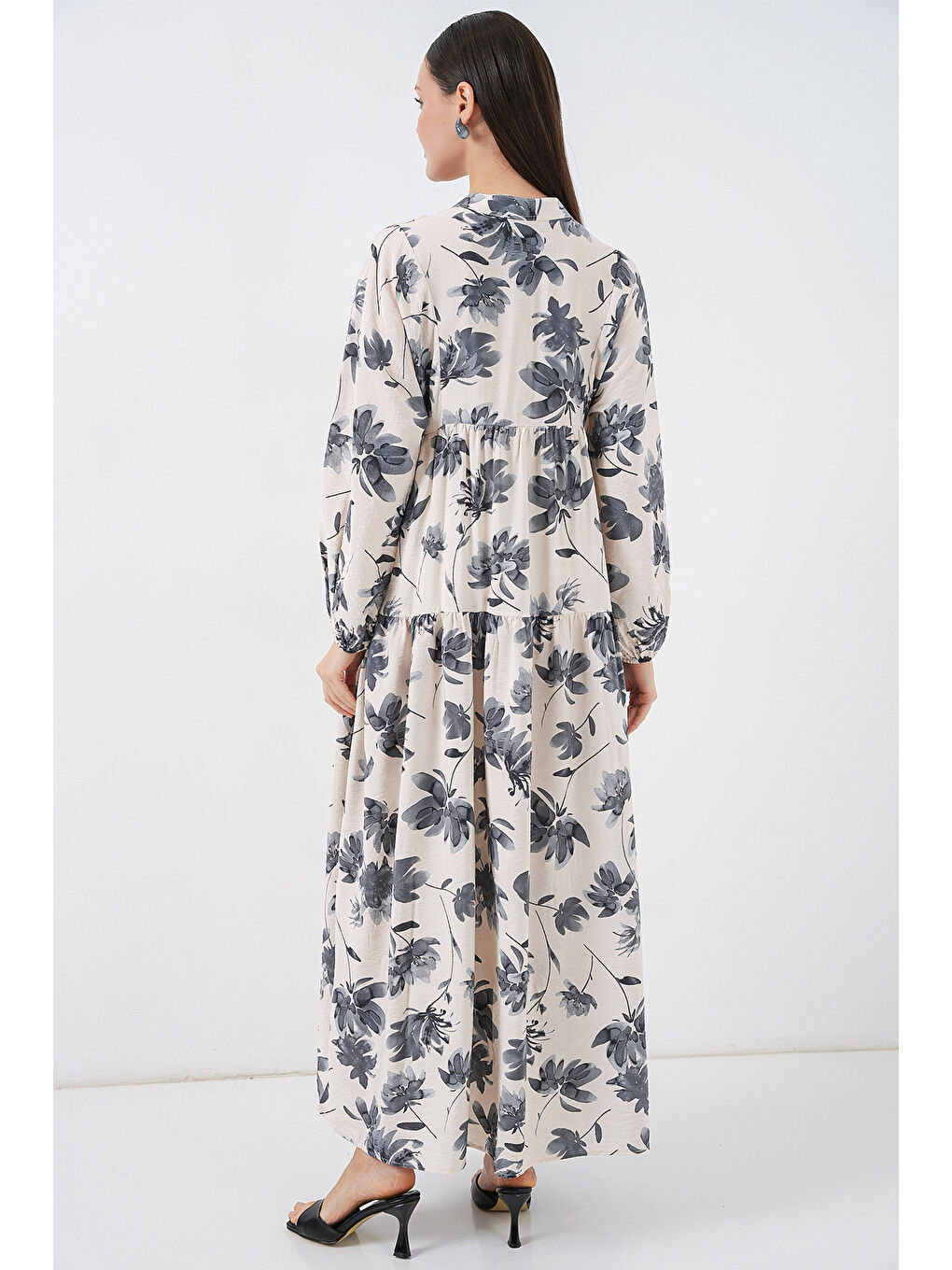 Kadın Lilyum Kumaş Uzun Tesettür Elbise 2593 - Gri-6