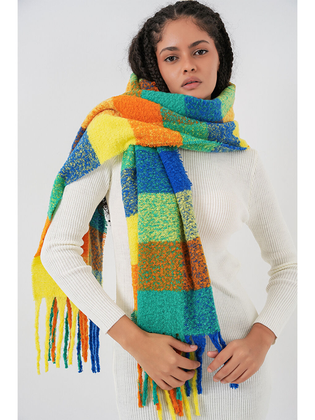 Kadın Yumuşak Dokulu Kalın Şal Atkı 15951 - Sarı-3