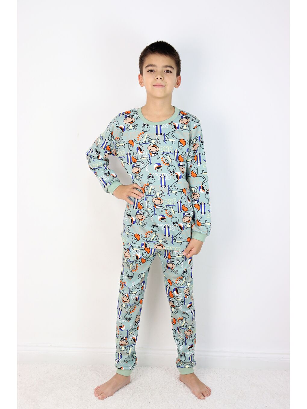 Yeşil Erkek Çocuk Baskılı interlok Kumaş Uzun Kollu Pijama Takımı-1