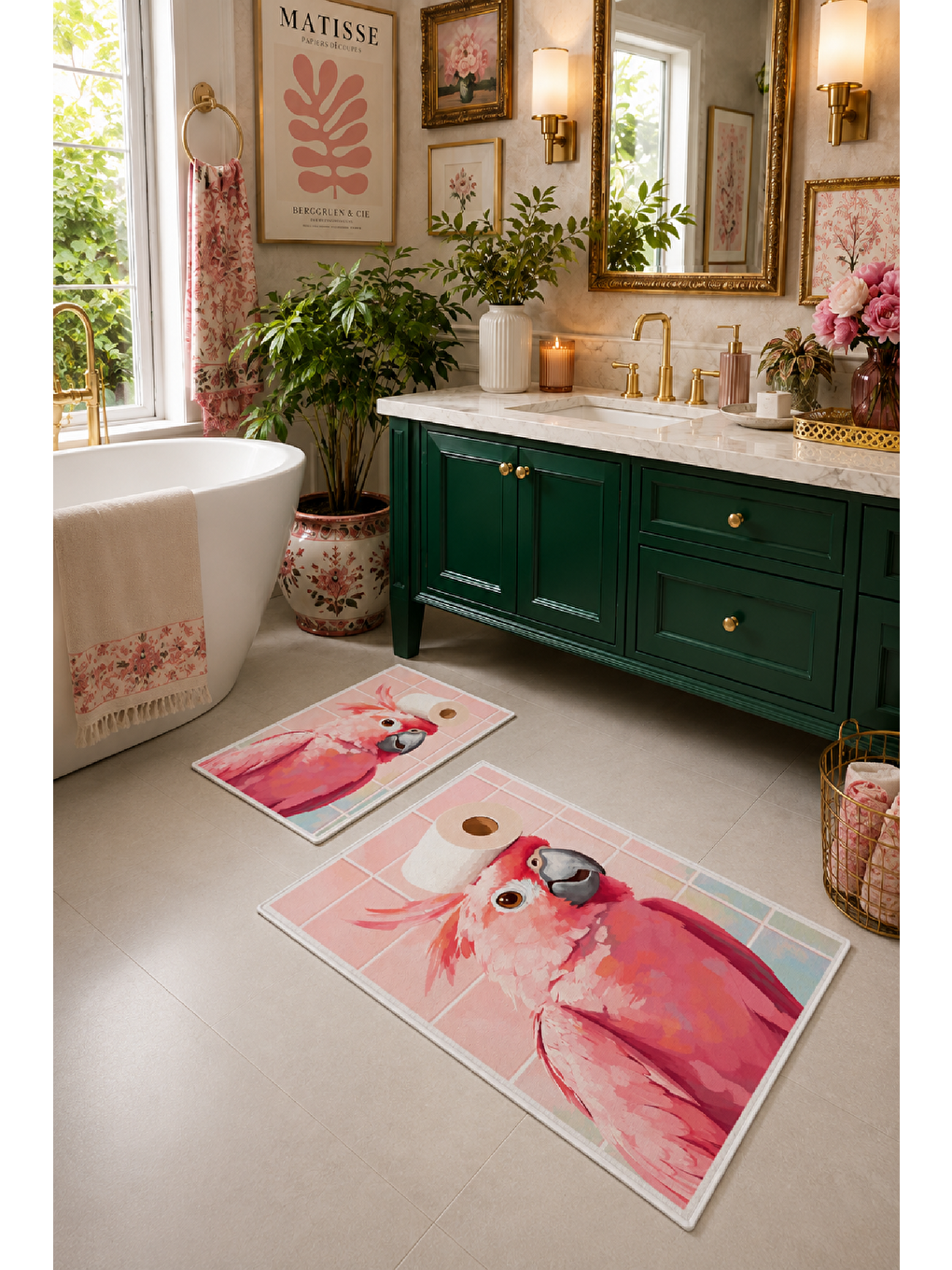 Pudra Pembe Flamingo Desenli Kaymaz Taban Banyo Paspası 2’li Set-4