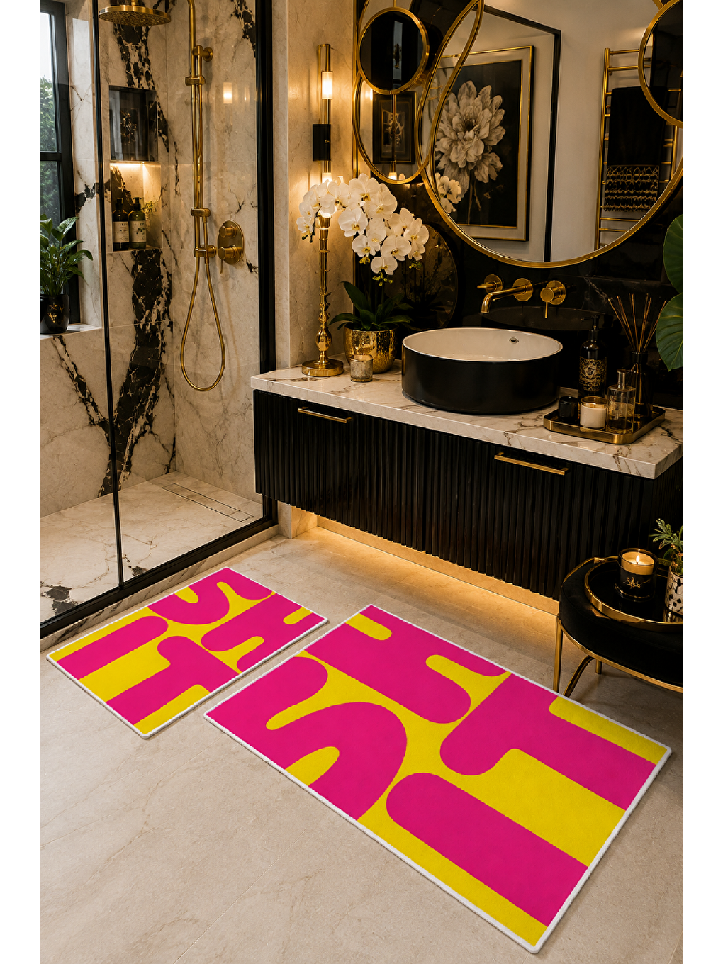 Neon Fuşya Sarı Soyut Tipografik Banyo Paspası 2’li Set-2