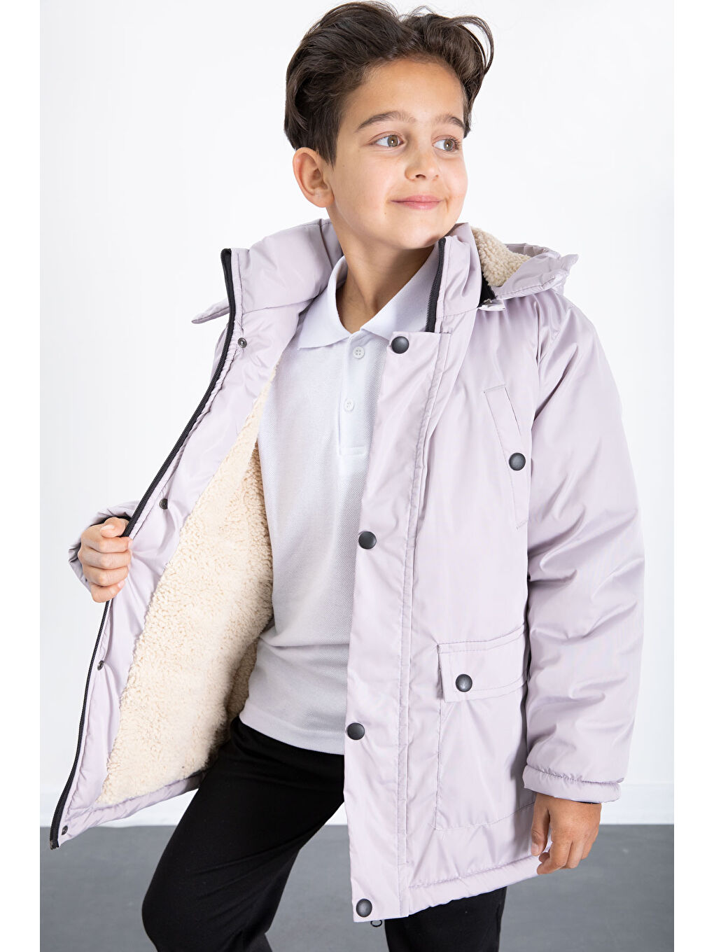 Gri İçi Kürklü Çıkarılabilir Kapüşonlu Basic Erkek Çocuk Şişme Mont 21437-3